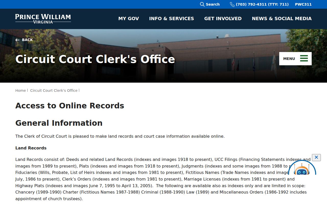 Buckhall residents directory view of Prince William Circuit Court online records access