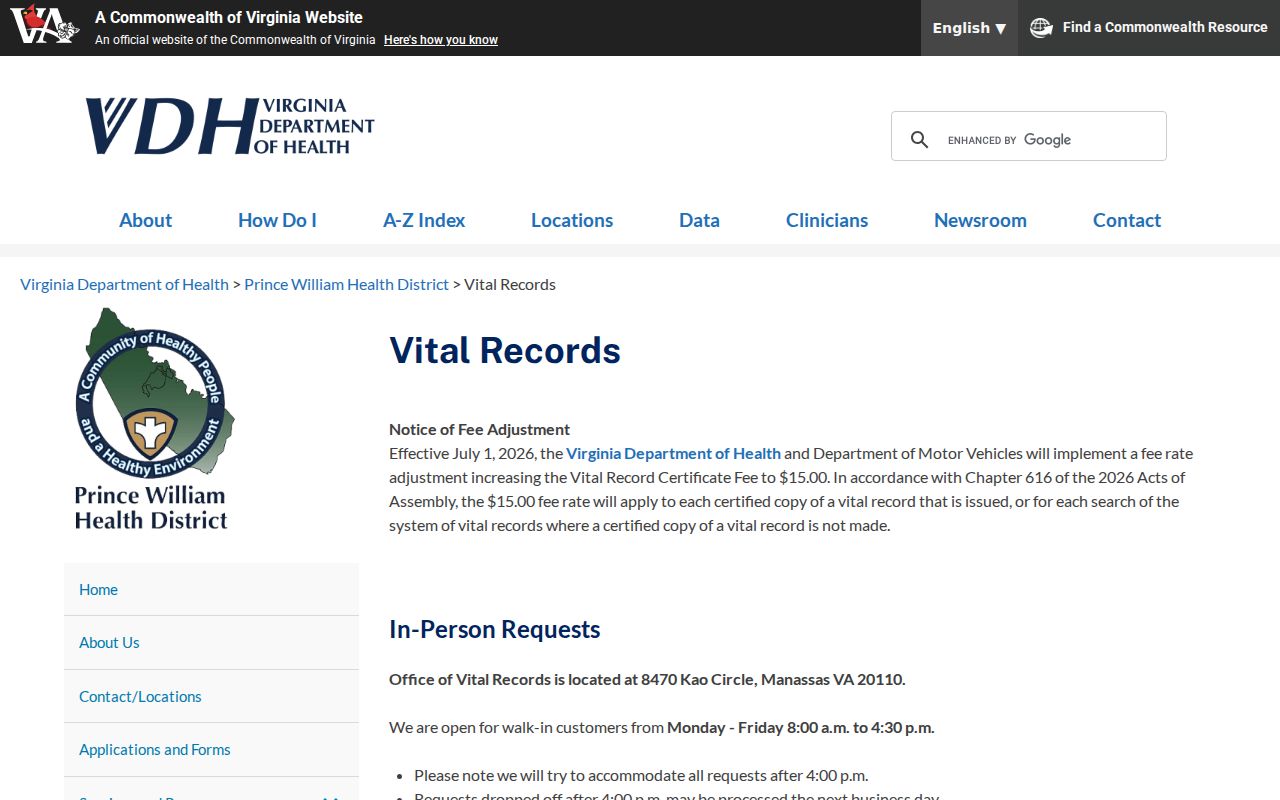 Buckhall residents directory Prince William Health District vital records office information