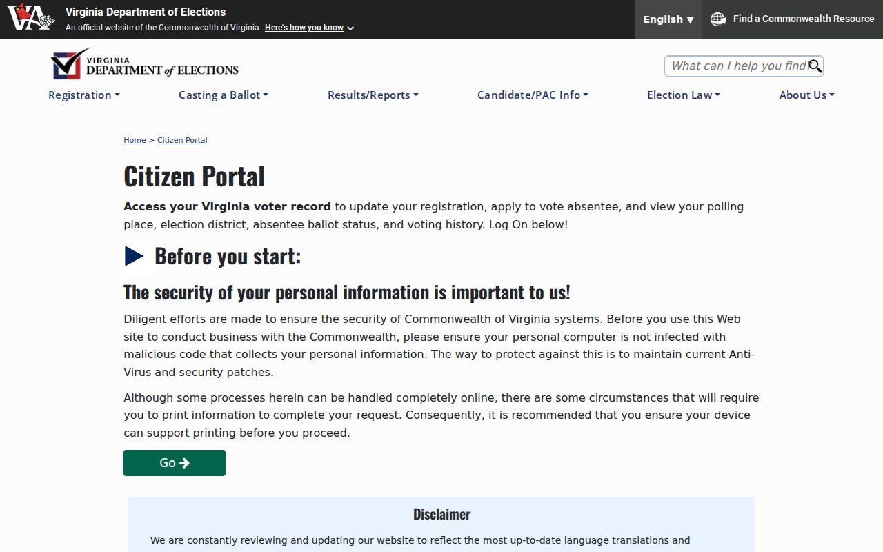 Buckhall residents directory Virginia Citizen Portal voter information screen
