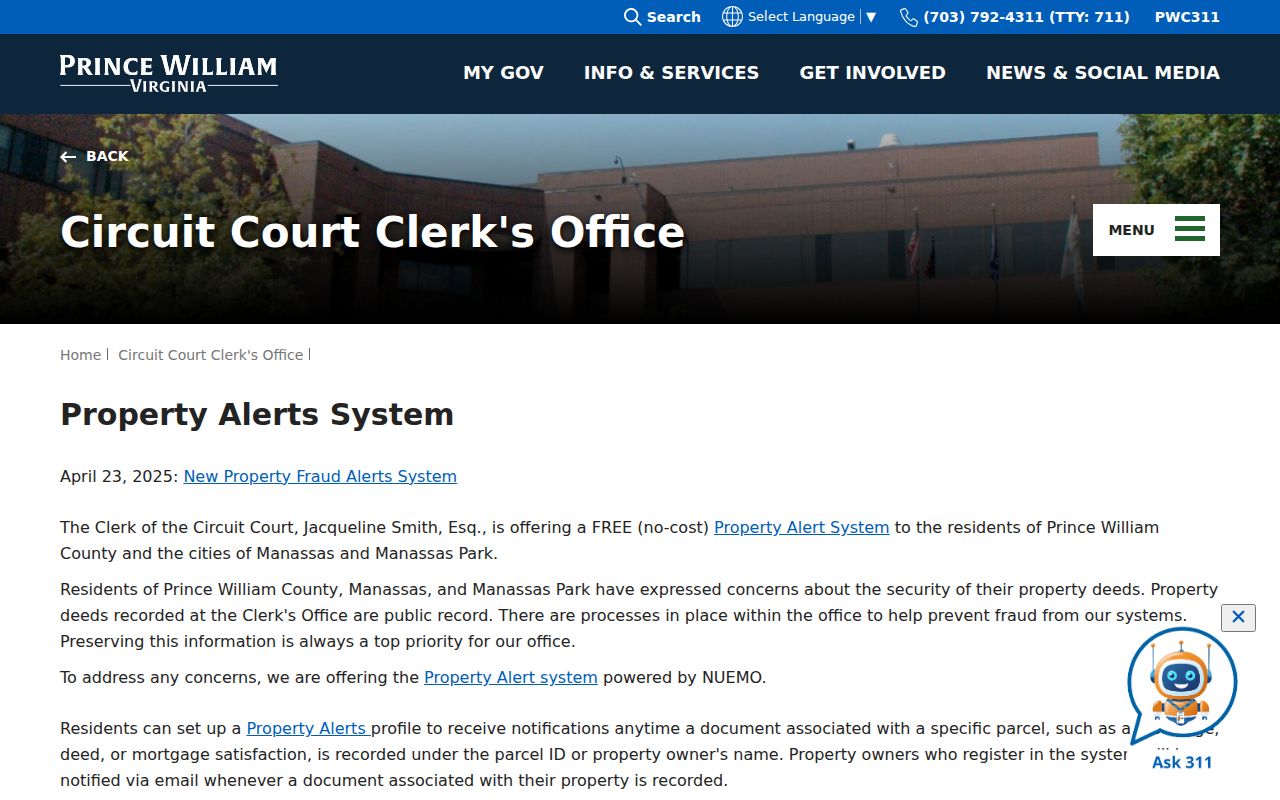 Buckhall neighbors Circuit Clerk property alerts system