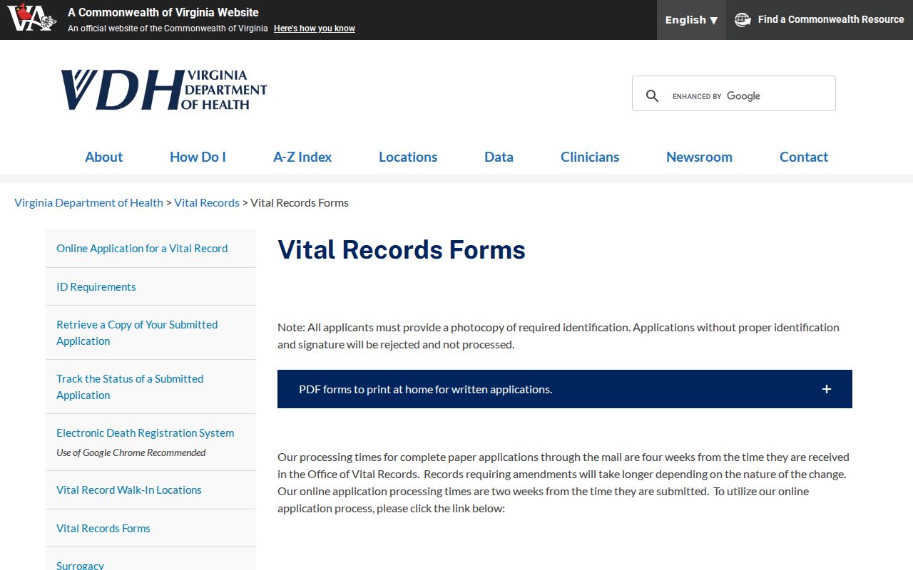 Buckhall resident lookup vital record forms index from Virginia Department of Health
